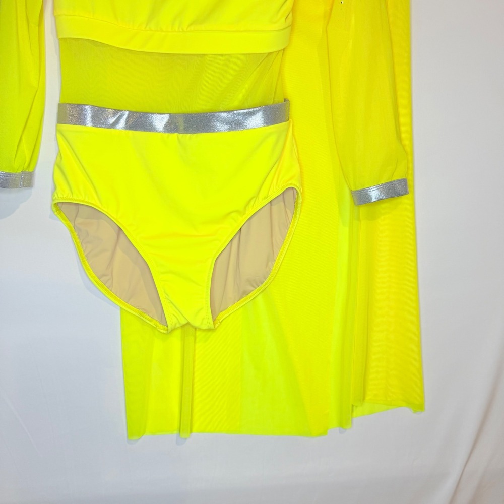 Double Platinum Size Medium Neon Yellow Rhinestone Leo and Skirt Dance Costume - Picture 3 of 10